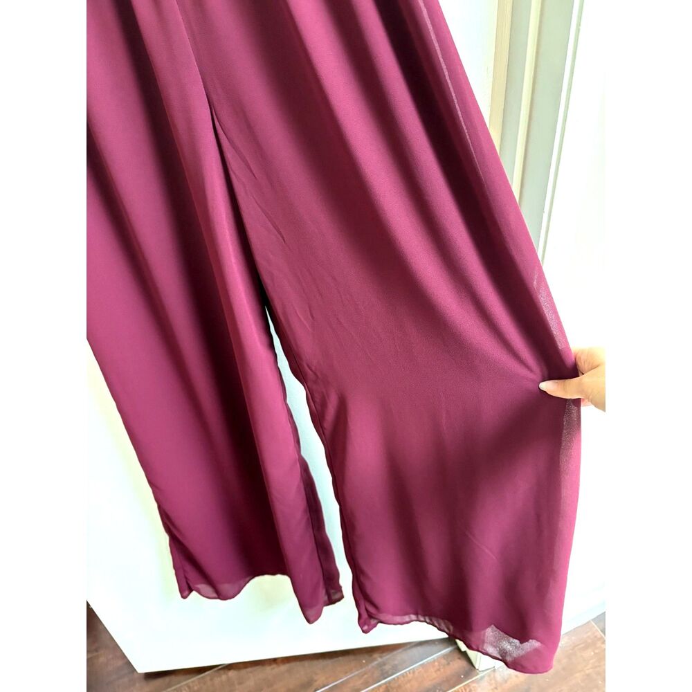 Burgundy Chiffon Wide Leg Jumpsuit Ruched Plunge Low V Open Back Formal Lulus XS - Picture 8 of 9